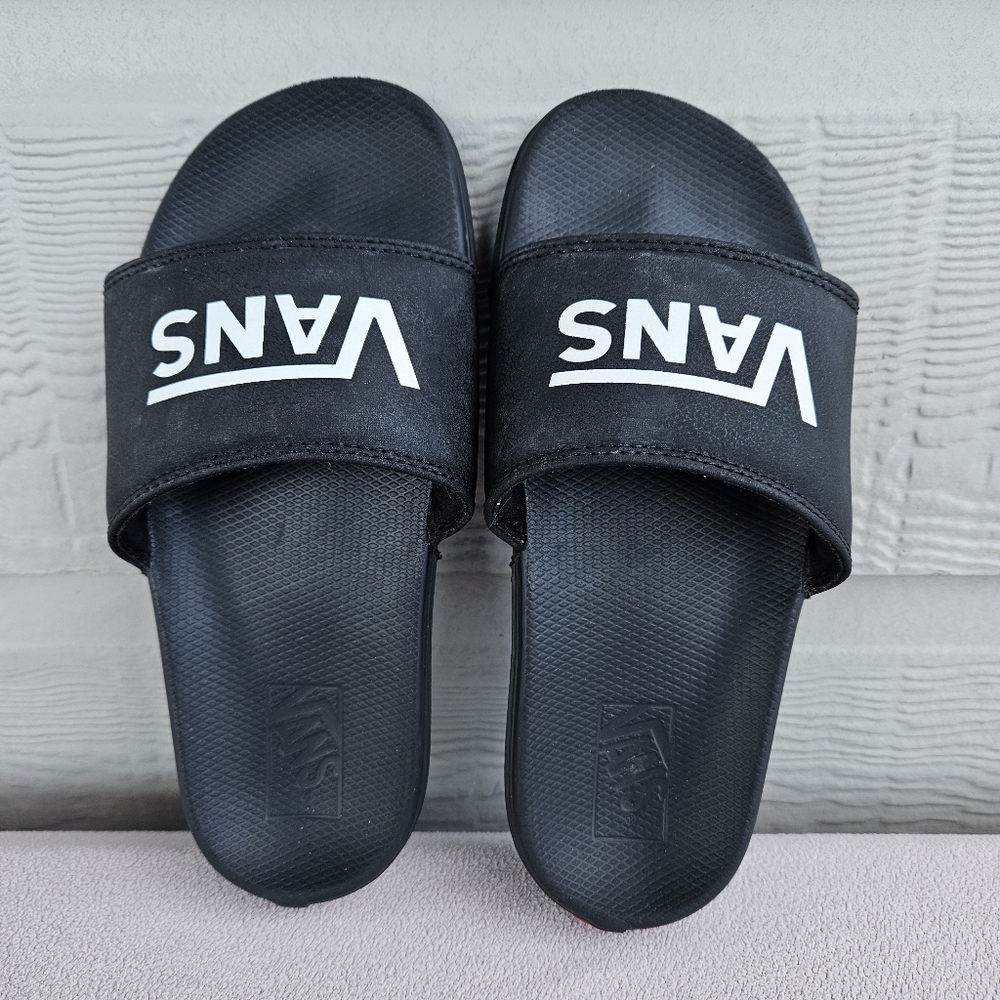 Vans La Costa Slides Sandals Youth Unisex SZ 4 Black White Logo Slip-On Sports